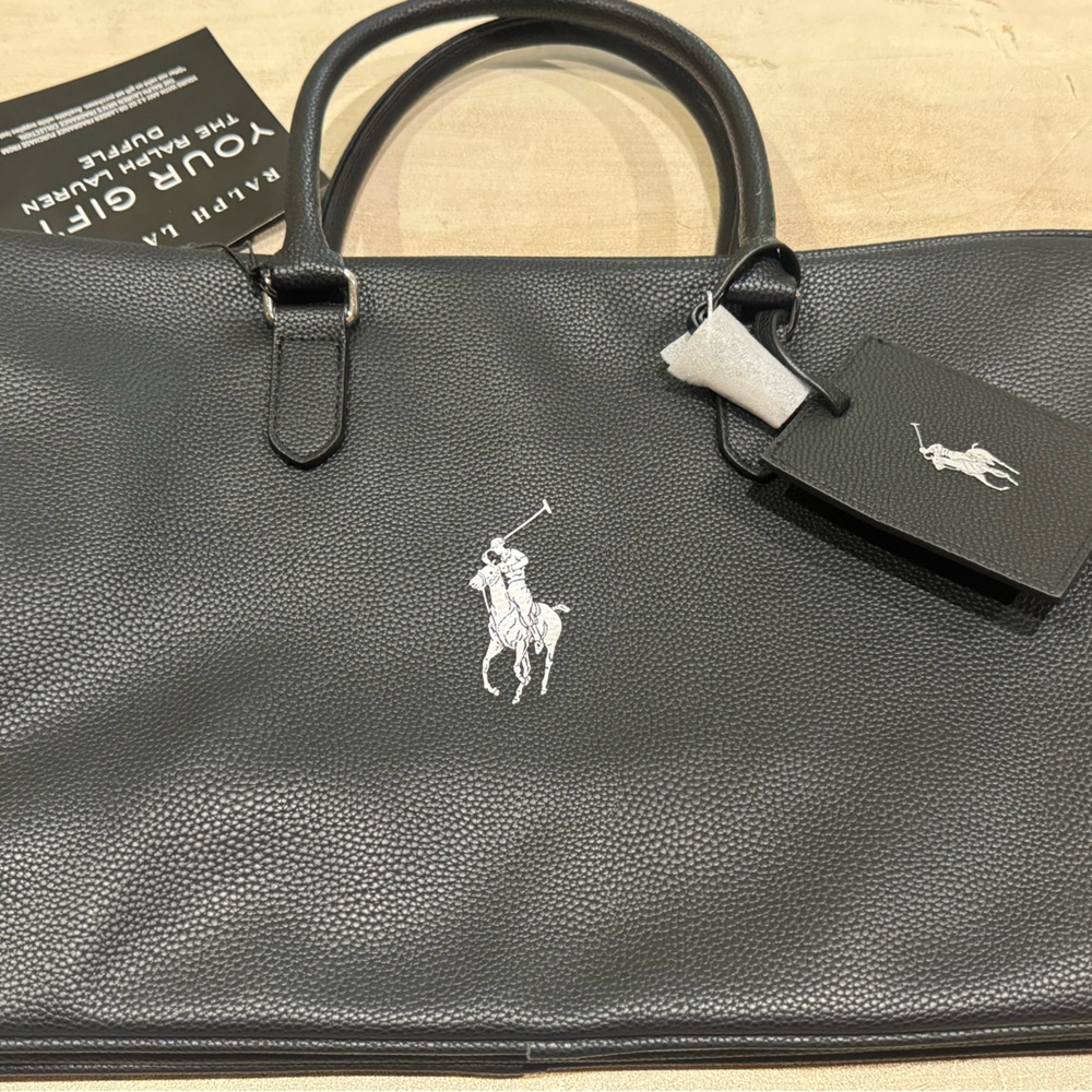New Polo by Ralph Lauren Black Pebbled Faux Leather Tote White Logo with Strap